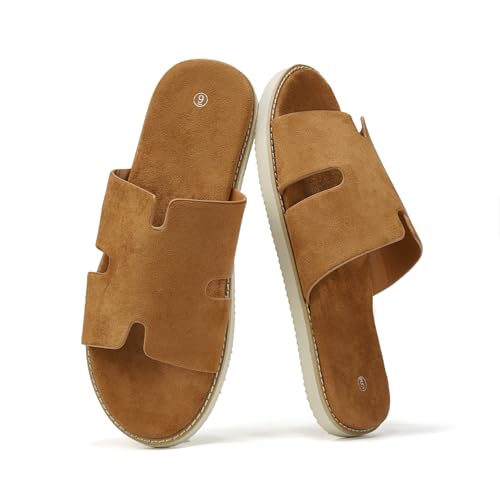 Summer Men Sandals for Suede, Comfortable Flats with Memory Foam Insole, EVA Outsole Non-Slip Casual Fashion 1H-Slides