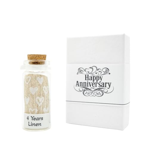 4th Anniversary Linen with Hearts Mini Bottle Keepsake Handmade Wedding Anniversary Gift with Linen Fabric Miniature Sentimental Gift for Husband Wife or Couple