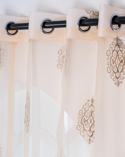 Image of (7 ft Sheer Tissue with Embroidery Damas Design|Grommet Curtains Window Long Curtain|Tissue Fabric Window Single Curtain (Golden&Light Brown) for Home|(Pack of 1) 213 LX121 W cm