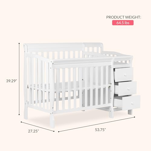 Dream On Me Jayden 4‑in‑1 Mini Convertible Baby Crib & Changer with Storage in White, Pinewood, GreenGuard Gold & JPMA, 1” Mattress Pad, 3 Mattress Heights, Converts to Mini Day & Twin-Size Bed