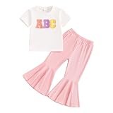 YOKJZJD 2Pcs Toddler Baby Girl Back To School Outfit ABC T-Shirt Bell Bottom Pants Set Summer First Day of School Clothes (Pink, 5-6 Years)