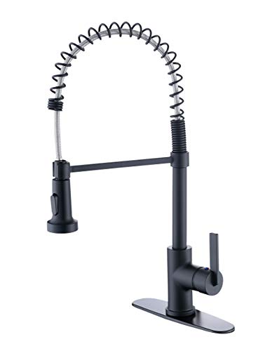 Derengge KF-5025-MT Single Handle Spring High Arc Kitchen Faucet with Deck Plate, 1 Hole or 3 Hole Installation,Meets cUPC NSF61-9 and AB1953,Matte Black Finished