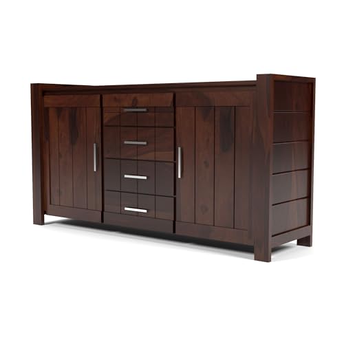 Image of Solid Sheesham Wood Wooden Sideboard Storage Cabinet & Chest of Drawer : Ideal for Living Room and Bedroom with 4 Drawers and 4-Shelf Storage (Chevalier, Walnut Finish)