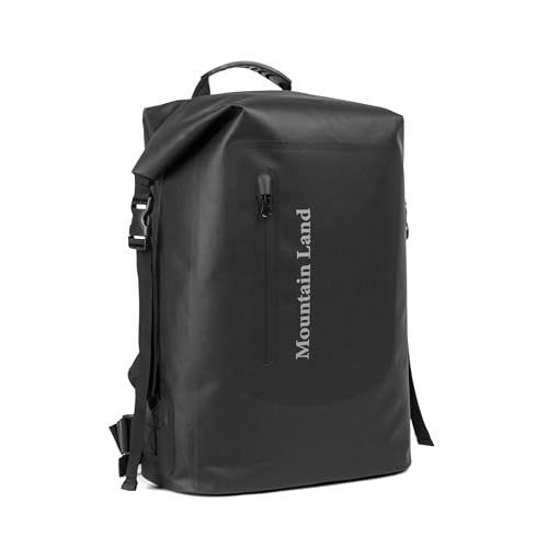 Image of Mountain Land Waterproof Backpack Made of Composite TPU, Roll-Top Closure Dry Bag with Front-Zippered Pocket Cushioned Padded Back Panel Black 30L