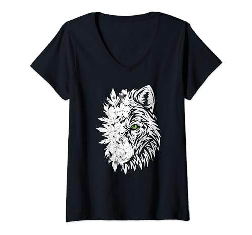 Mujer Lobo Floral Vintage Flores Cottagecore Lobos Amante Camiseta Cuello V