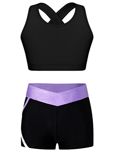 TiaoBug Kids Girls 2 Piece Dance Crop Top with Sport Shorts Booty Shorts Set Gymnastics Dancewear Beach Swimwear Black&Lavender 7-8 Years