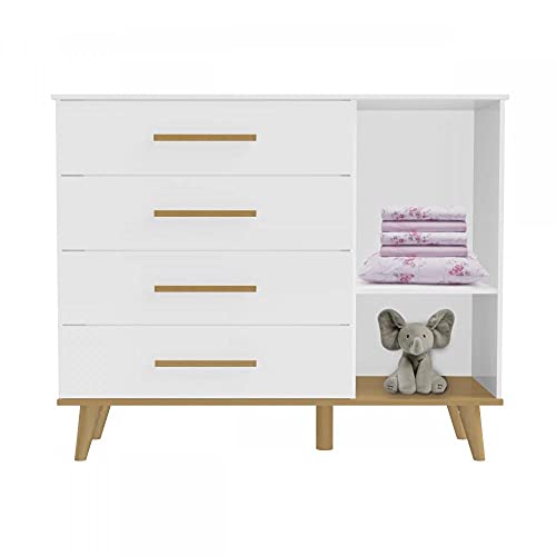 Cômoda Fraldário 1 Porta 4 Gavetas Pés Palito Ludmila Carolina Baby Branco/bétula