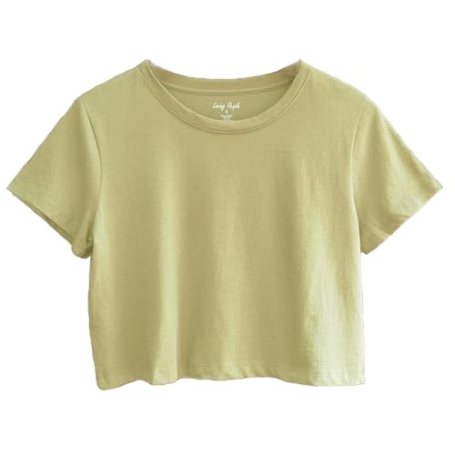 Image of Womens 100% Cotton Crop Tops Short Sleeve Crewneck Loose Fit Basic Tee Summer Casual Workout T-Shirt Fashion Clothes