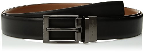 Perry Ellis Men's Big and Tall Reversible Feather Edge Leather Belt with Textured Buckle, black, 46
