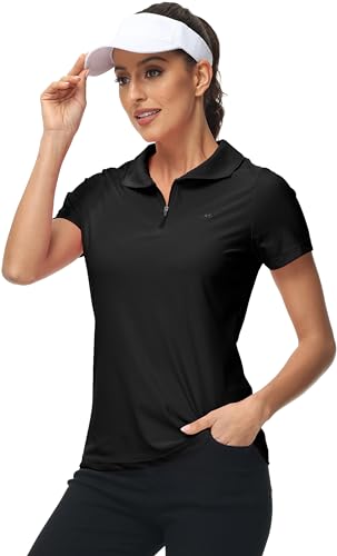 Mofiz Women'S Zip Up Golf Tennis Shirt Short Sleeve Sport Polo Shirt Collared Solid Upf50+ Active T-Shirt Cooling Athletic Tops Black M cover