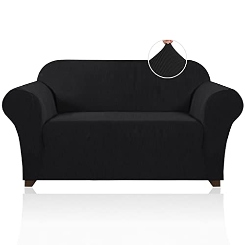 H.Versailtex Rich Jacquard Sofa Cover for 2 Cushion Couch Furniture Protector/Cover with Elastic Bottom Anti-Slip Foam Rich Textured High Spandex Small Checks Pattern (2 Seater Loveseat, Black)