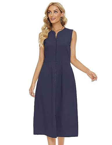 Image of Ladyful Women's Sleeveless Cotton Linen Midi Dress V Neck A Line Tank Dress