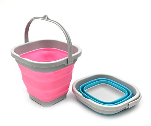 SAMMART Set of 2-2.6L (0.68 Gallon) Super Mini Sqare Collapsible Plastic Bucket - Foldable Square Tub - Portable Fishing Water Pail - Space Saving Outdoor Waterpot (2, Pink + Bright Blue)