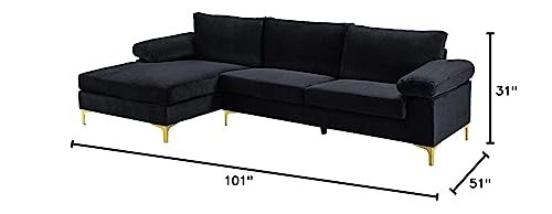 Casa Andrea Milano Modern Large Velvet Fabric Sectional Sofa Couch With Extra Wide Chaise Lounge With Golden Legs, L Shaped, Black #TOP1