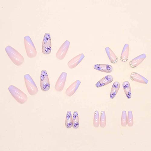 Foccna Purple Fake Nails Sequins Glitter Acrylic Butterfly Artificail Long Press On Rhinestone Nails, Purple Full Cover Fake Nails With Design Nail Tips For Women&Girls-24Pcs #TOP2