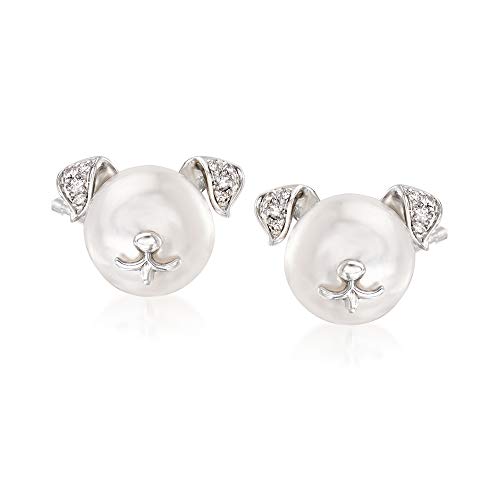 Ross-Simons 8-8.5mm Cultured Pearl Dog Earrings With Diamond Accents in Sterling Silver