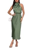 LUNAMODA Women's 2025 Summer Satin Dress Elegant Formal Sleeveless Mock Neck Wedding Guest Cocktail Party Maxi Dresses Green, Medium