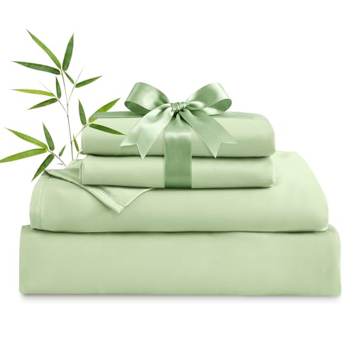Image of MICORAL Queen Sheet Set, Rayon Derived from Bamboo Cooling Sheets for Queen Size Bed Set, Breathable & Soft, Deep Pocket Up to 16 inch, Hotel Luxury Silky Bedding for Hot Sleepers, Sage Green