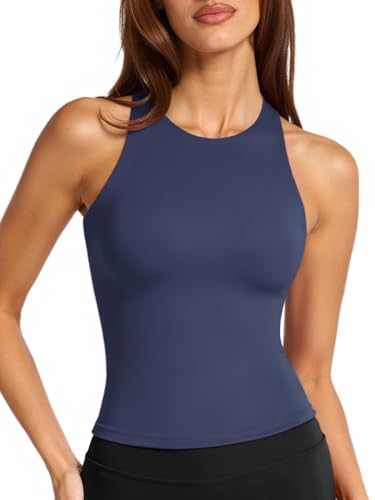 Image of LASLULU Womens High Neck Workout Tank Tops with Built in Bra Strappy Back | Low to Medium Impact,Longline Halter Neck Sports Bra,Fitted Compression,Padded Athletic Yoga Running Gym Pilates Tank Tops