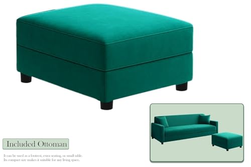 Image of Velvet 3-Seater Sofa Set with Ottoman - Stylish Wooden Sofa for Home, Office Compact Living Spaces, Comfortable Seating - Royal Green Color