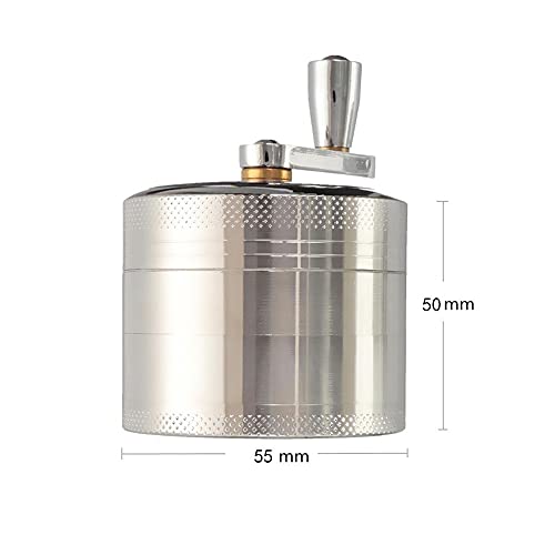 XUBX Grinder Crusher, 4-Layer Pollen Scraper Grinder with Hand Crank, Zinc Alloy Shredder for Dried Spices, Herbs, Ø55mm Mini-Scraper Clear Top Abrader Spices Grind Manual Muller (Silver) - Image 2