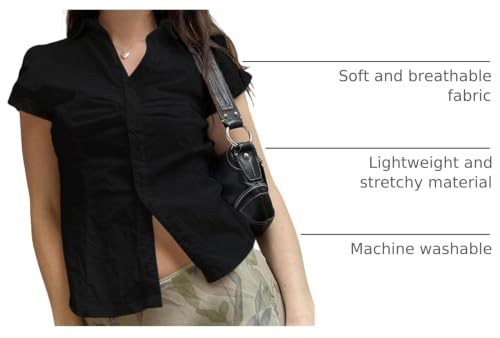 Image of Y2k Girls Vintage Coquette Button Down Shirt Women Short Sleeve V-Neck Slim Fitted T-Shirt Cute Blouse Crop Top