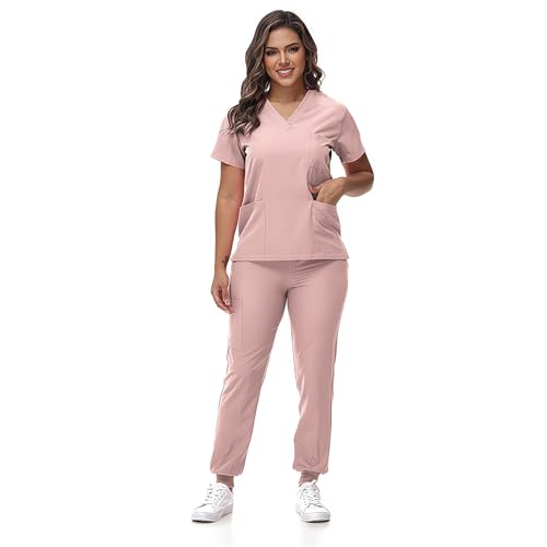 Mizzuco Scrubs Set for Women Nurse Uniform V-Neck Top and Drawstring Jogger Pants with Multi Pocket Nurse Workwear (Pink, Medium)