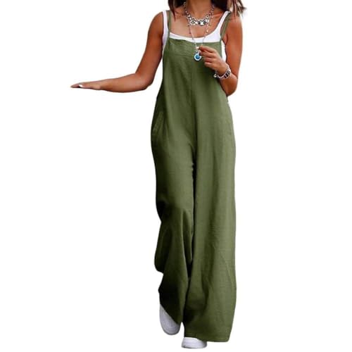 CDXNORA Peto Largo Para Mujer - Tendencia De Verano Retro Casual Algodón Tirantes Pantalón Largo Bolsillos Botón Correa De Pierna Ancha Mono Monos Sueltos,Verde,M