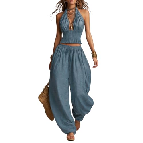 Conjunto de lino para mujer estilo boho con acabados fluidos y top con cuello en V