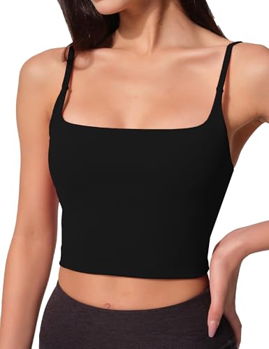 Womens Scoop Neck Longline Sports Bra U Back Adjustable Strap Double Lined Workout Crop Tank Top with Built in Pads Black