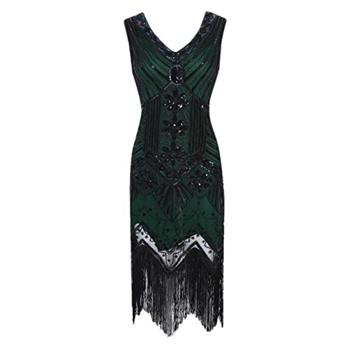 CHAOEN Robe gothique sexy vintage sans manches pour femme - Style années 1920 - Style années 20 - Avec paillettes et pompons, vert militaire, M Cover