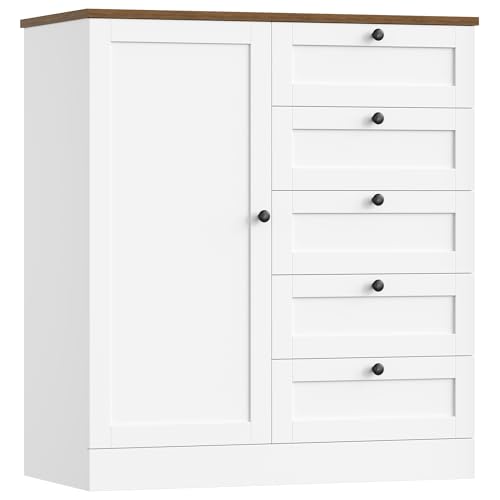 HOCSOK Aparador de cocina blanco con 1 puerta y 5 cajones, para cocina, salón, comedor, 85,5 x 40 x 97 cm