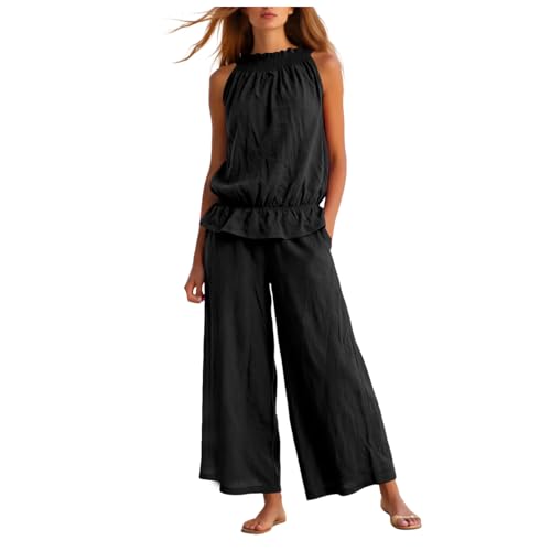 Ensemble jean femme deux pièces haut sans manches boutonné et pantalon large taille haute