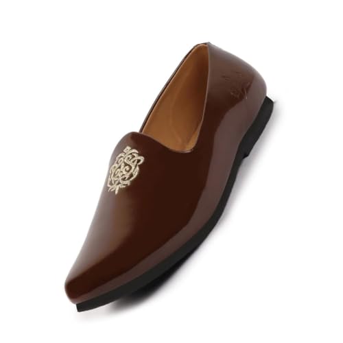 Image of FAUSTO Men's Patent Glossy Ethnic Embroidered Design Slip On Shiny Juttis & Mojaris for Party|Wedding|Festival