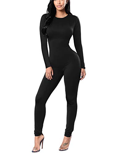 XXTAXN Women's Fall Bodycon Long Sleeve Round Neck Romper Jumpsuit Black