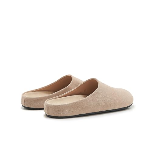 Image of Women's Suede Clogs Round Toe Print Leather Mules Cork Footbed Clog with Arch Support Comfort Casual Slip-on Fall Shoes