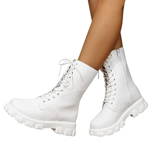 FGUUTYM 37-42 Bottines à lacets pour femme, noires, bottines à lacets blanches, chaussures à enfiler, fermeture éclair latérale, bottines à enfiler, bottes d'équitation pour l'extérieur, Blanc., 37 EU