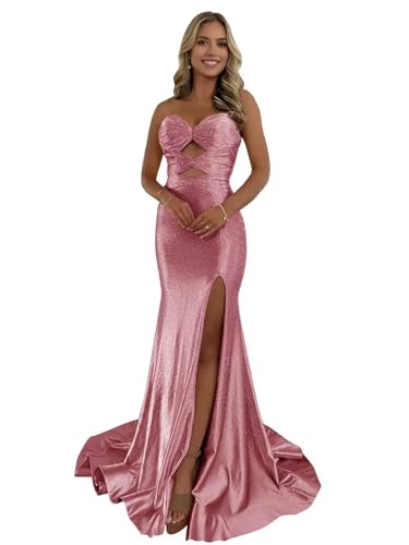 Kncpti Women's Strapless Prom Dresses Mermaid Sparkly Sequin Cutout Long Evening Gowns Formal Cocktail Party Dress with Slit Dusty Pink 12