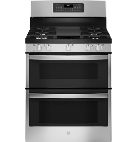GE JGBS86SPSS 30' Free-Standing Gas Double Oven Convection Range 5 Sealed Burners, 6.8 Cu. Ft. Total Capacity, Dishwasher Safe Continuous Cast Iron Grates, Steam Clean