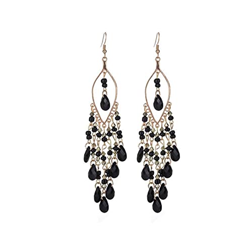 Essencedelight Crystal Beaded Tassel Earring Long Dangle Fringe Hook for Women Bridal Wedding,black, 12.9*2.5cm