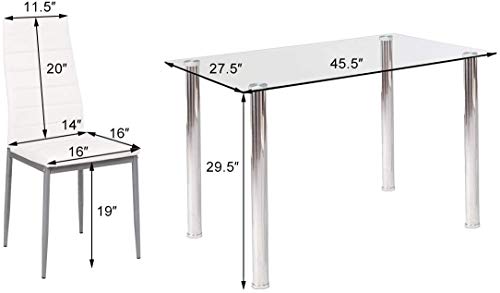 Fantask 5Pcs Dining Table Chairs Set, Simple Modern Dining Table Set W/Rectangular Tempered Glass Top & Pvc Leather Chair, Table Set Furniture For Home Living Dining Room Kitchen, White #TOP2