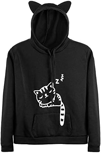 Cat Hoodie with Ears for Women Girls Novelty Printed Pullover Sweatshirt with Kangaroo Pouch (Black,XL)