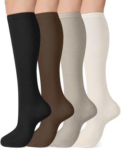 Sorfneo Knee High Socks for Women, Cotton Elastic Uniform Stockings Long Dress Athletic Tall Tube Socks 4 Pairs