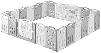 Baby Playpen Safety Gate, 14-Panel Foldable Play Yard, Grey and White