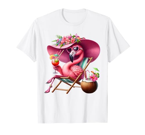 Flamant Rose Palmier Tropical Plage Vacances d'été Femme T-Shirt