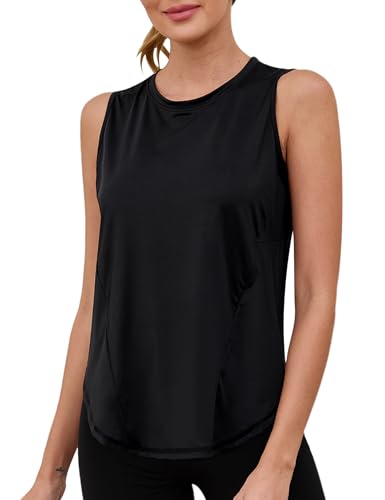 Terecey Sport Tank Top Damen Sommer Fitness Jogging Trägershirt Sport Oberteile Ärmellos Locker Sporttop Atmungsaktives Workout Running Yoga Tops, Schwarz S