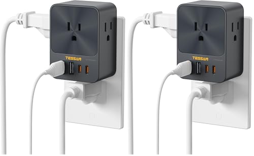 30W Wall Charger, TESSAN Fast Charging Multi Plug Adapter with 3 Outlet Extender Surge Protector, Multiple Plug with 4 USB Block Power Delivery (2 USB C Ports) for Home Office Essentials (Pack of 2)