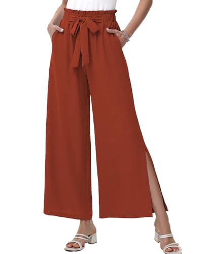 HMIYA Weite Hosen Damen Lässig Elegant Palazzo Hose Leichte Hohe Taille Sommerhose mit Taschen,Orange Rot,M