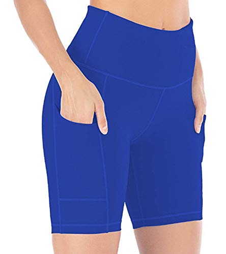 YAKER Yoga Shorts for Women Workout Shorts Tummy Control Running Shorts with Side Pockets (Blue, M)