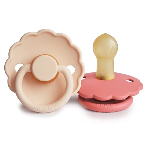 Image of FRIGG Daisy Natural Rubber Baby Pacifier | Made in Denmark | BPA-Free (Pink Cream /Poppy, Size 1) 2-Pack